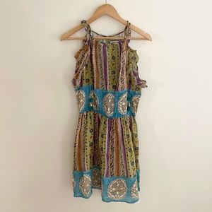 Bell By Alicia Bell Printed Ruffle Silk Pom Pom Mini Dress